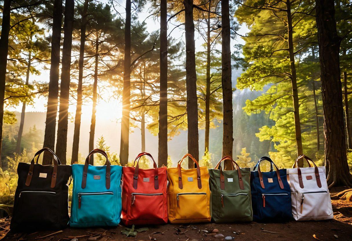 A vibrant collage showcasing various styles of tote and travel bags, set against a backdrop of scenic outdoor adventures like hiking, beach trips, and city exploration. Incorporate diverse travelers of different ethnicities happily using these bags, emphasizing functionality and style. Include elements like maps, travel essentials, and the sun shining through trees to evoke a sense of wanderlust. The image should have a warm color palette and a dynamic composition. super-realistic. vibrant colors. action-packed.