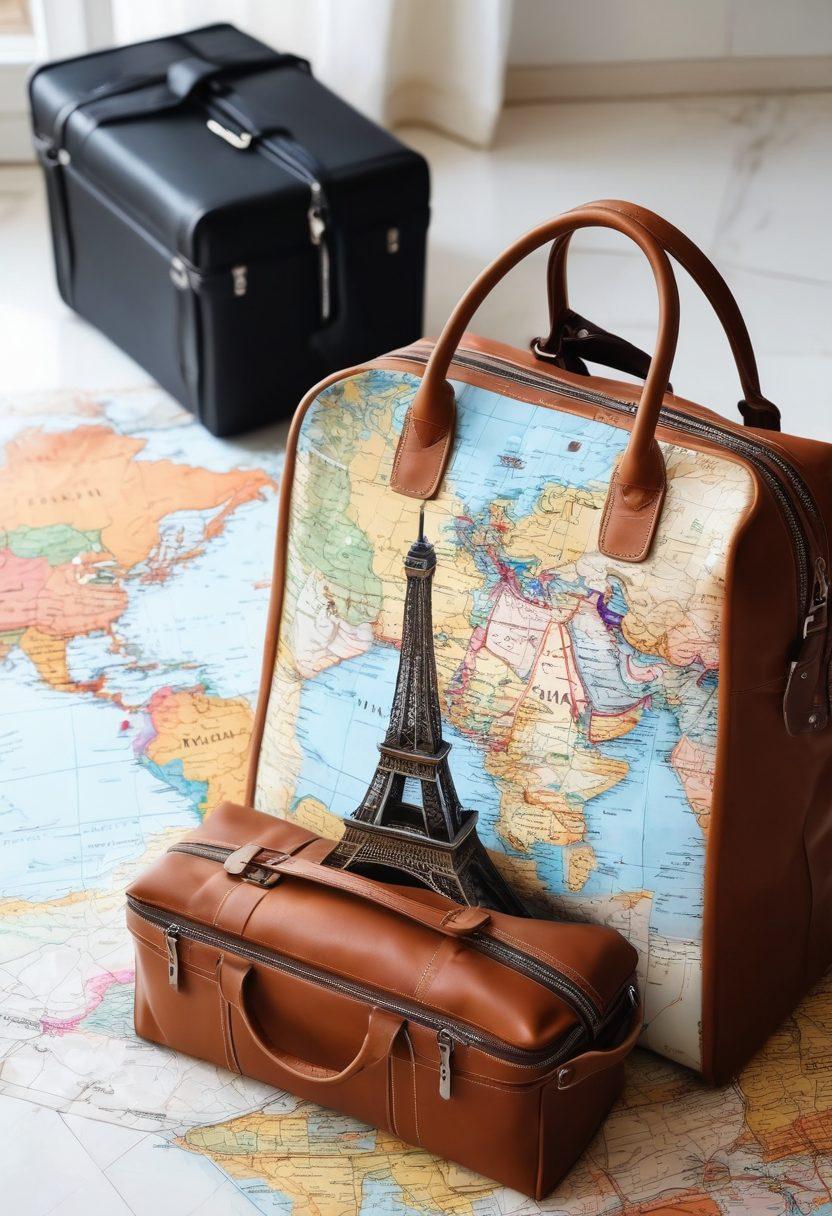 A stylish, well-organized tote bag beside a rugged travel bag, both placed on a vibrant world map with travel essentials like a passport, sunglasses, and a camera around them. The background features iconic landmarks like the Eiffel Tower and the Great Wall of China, hinting at travel adventures. Soft natural lighting creates a warm, inviting atmosphere. super-realistic. vibrant colors. white background.