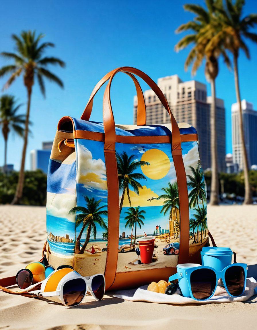 An artistic montage featuring a stylish beach bag on a sunlit sandy beach with palm trees, transitioning to a chic city backpack against a vibrant urban backdrop with skyscrapers and cafes. Include accessories like sunglasses, a camera, and a beach ball for the beach scene, and a coffee cup and maps for the city stroll. The overall composition should reflect a seamless blend of adventure and lifestyle. vibrant colors. super-realistic. dynamic composition.